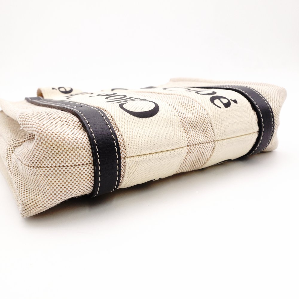 Chloe Woodie Small Handbag Canvas Beige × Navy 2-Way Shoulder R801166