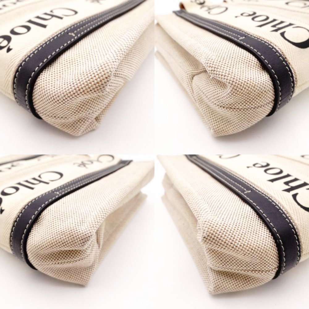 Chloe Woodie Small Handbag Canvas Beige × Navy 2-Way Shoulder R801166