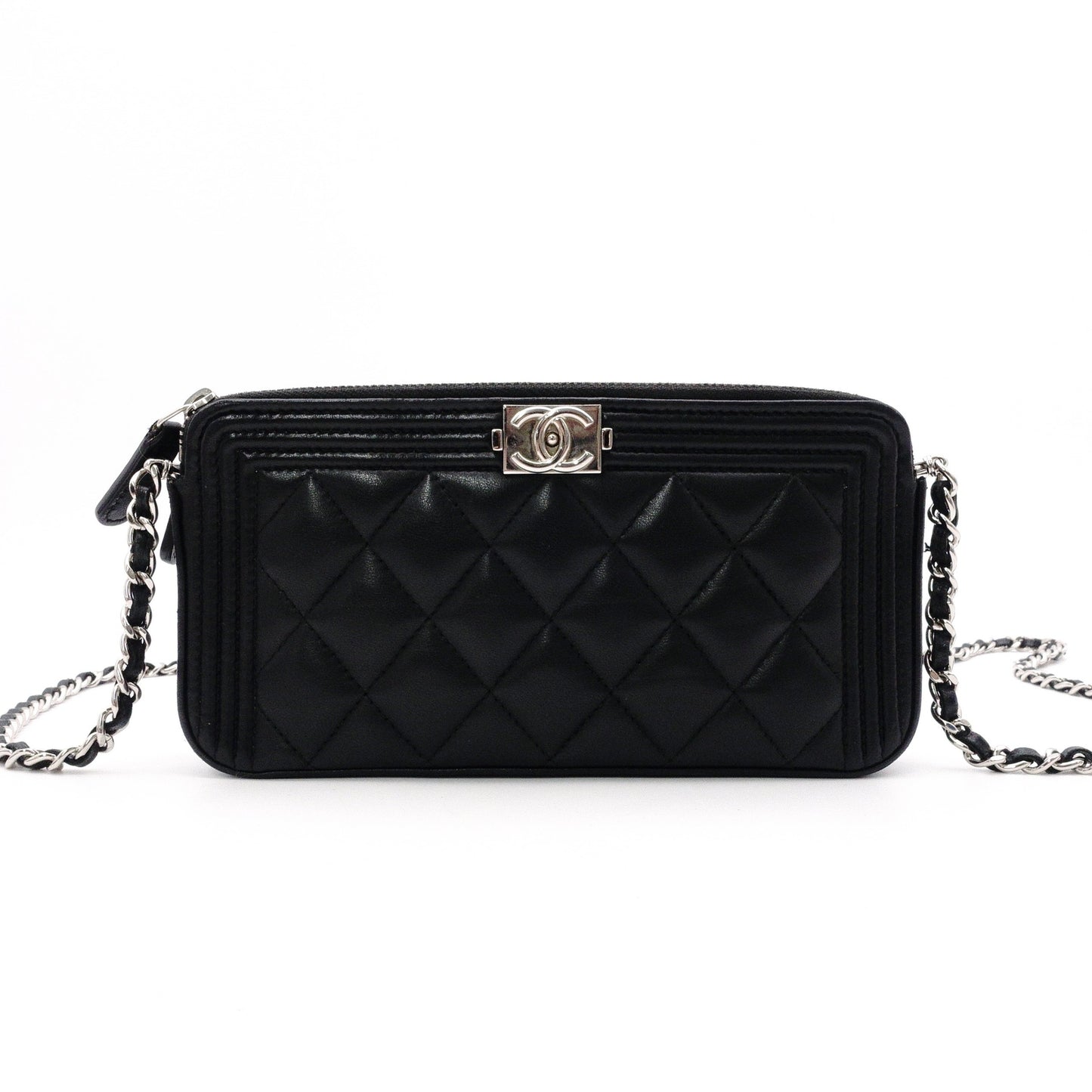 CHANEL Lambskin Boy Chanel Shoulder Bag, Leather, Black, Women's, Silver Hardware, CC Logo