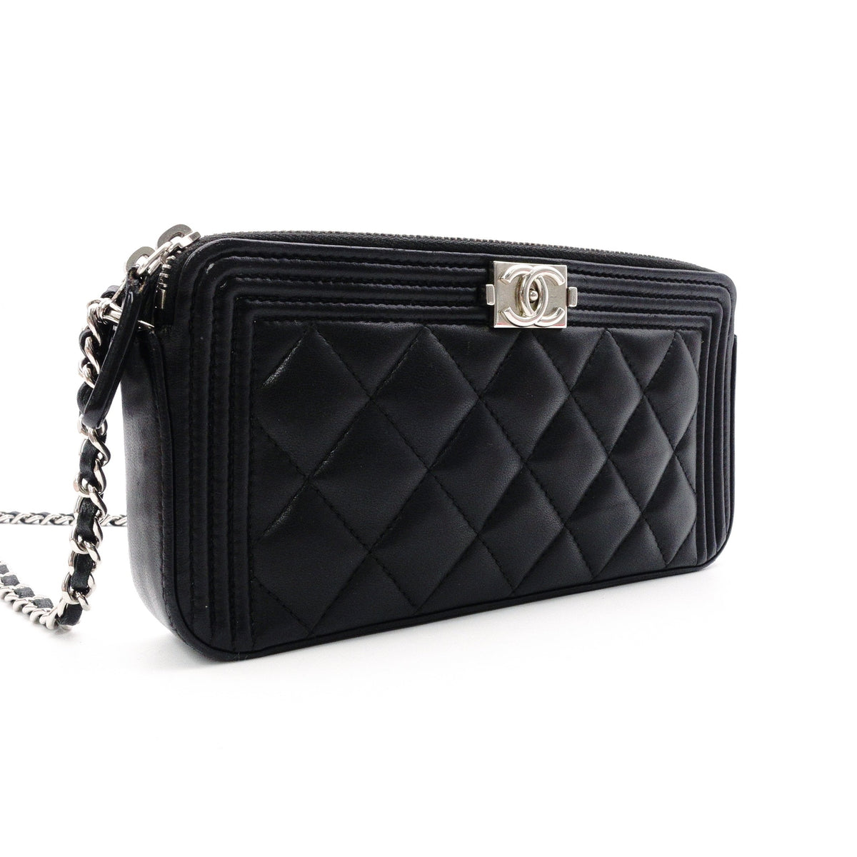 CHANEL Lambskin Boy Chanel Shoulder Bag, Leather, Black, Women's, Silver Hardware, CC Logo