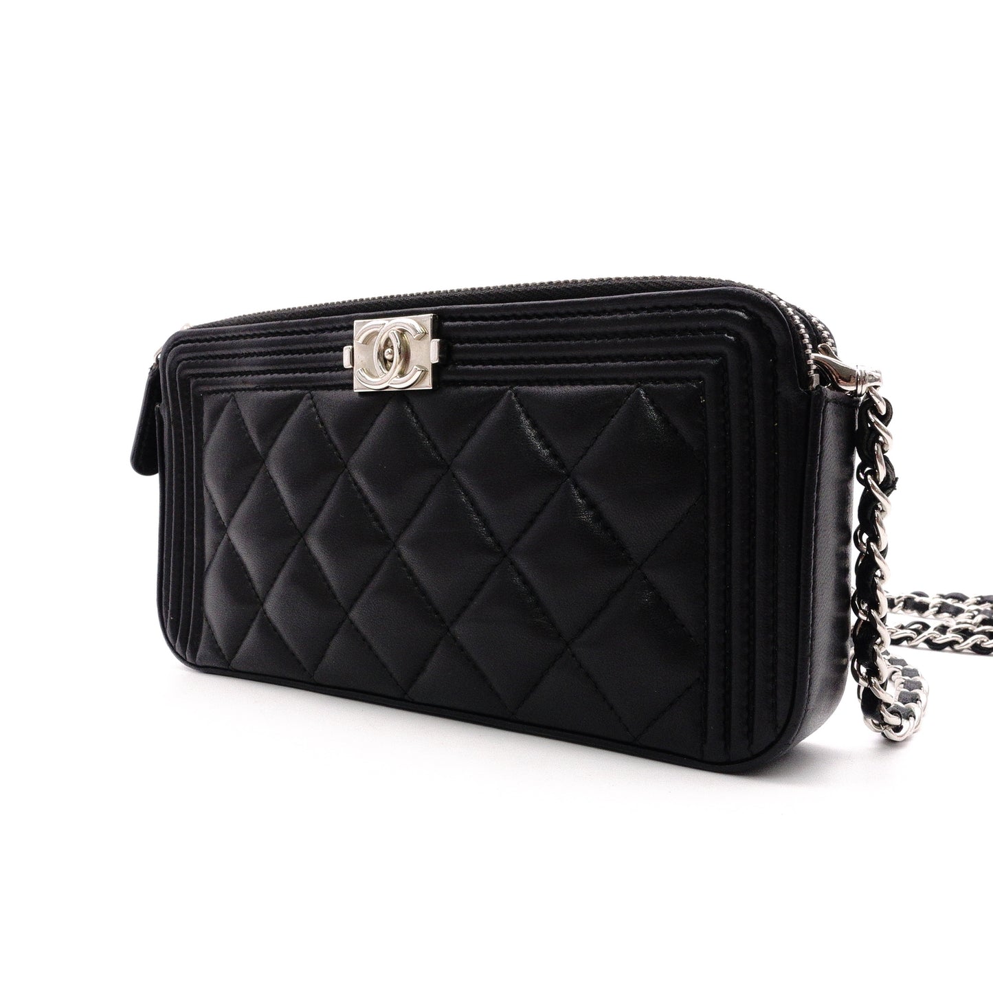 CHANEL Lambskin Boy Chanel Shoulder Bag, Leather, Black, Women's, Silver Hardware, CC Logo