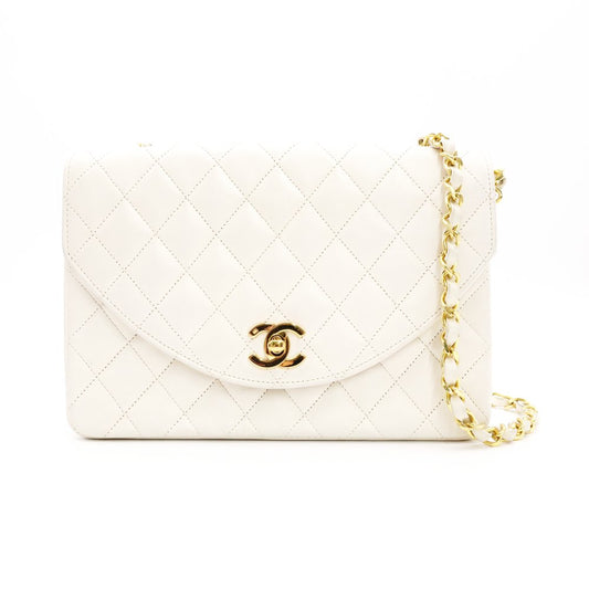 CHANEL Matelassé Lambskin Chain Shoulder Bag White Leather Crossbody Gold Hardware R801739