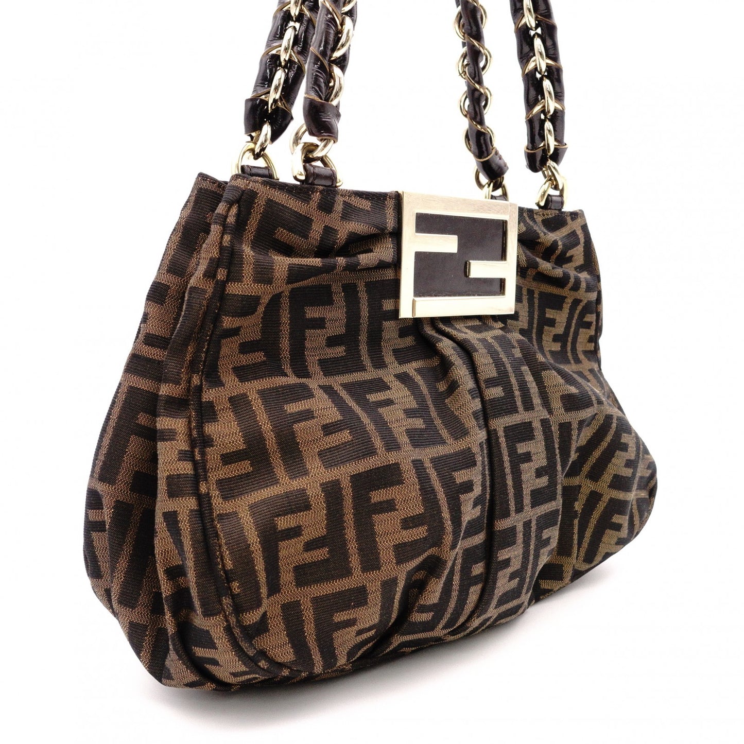 FENDI Mia Chain Bag Zucca Tote Bag, Canvas/Leather, Brown Tones, Gold Hardware