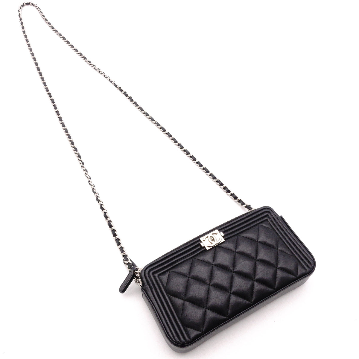 CHANEL Lambskin Boy Chanel Shoulder Bag, Leather, Black, Women's, Silver Hardware, CC Logo