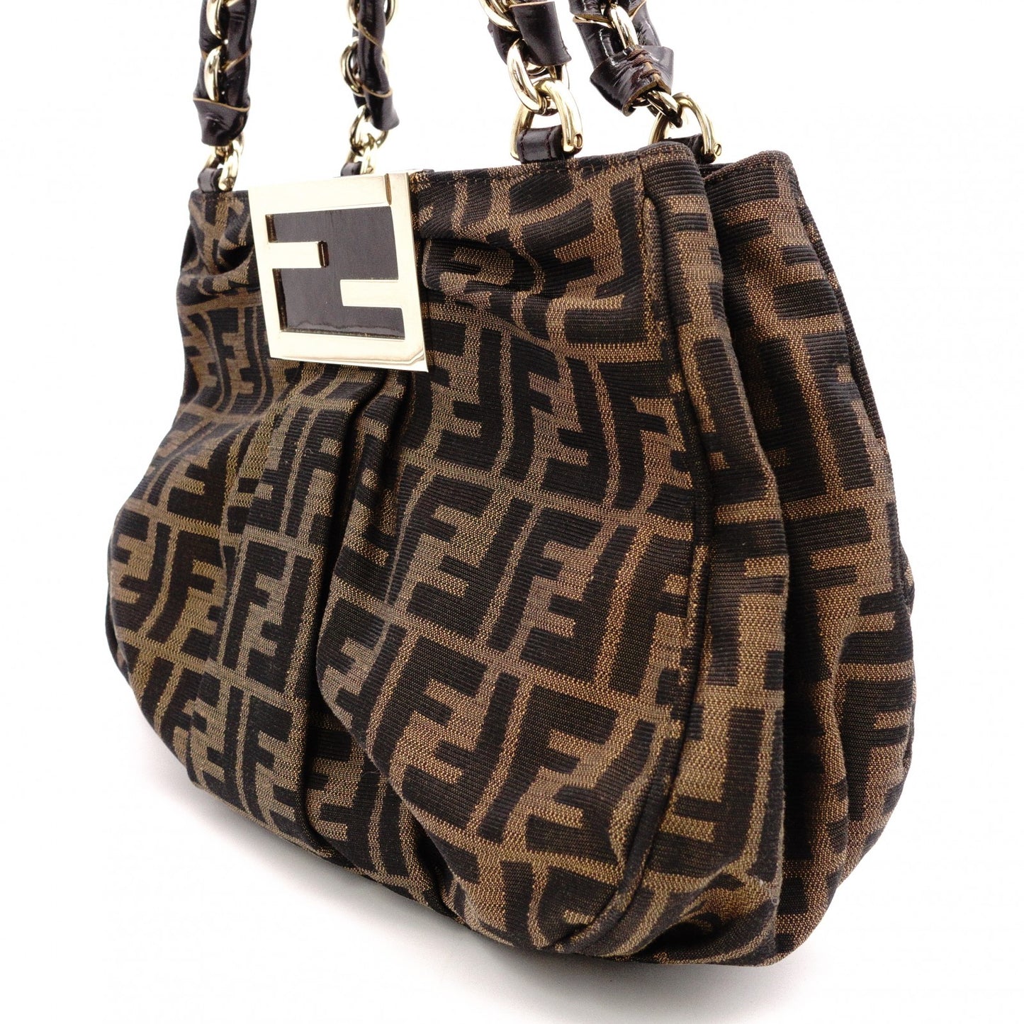 FENDI Mia Chain Bag Zucca Tote Bag, Canvas/Leather, Brown Tones, Gold Hardware