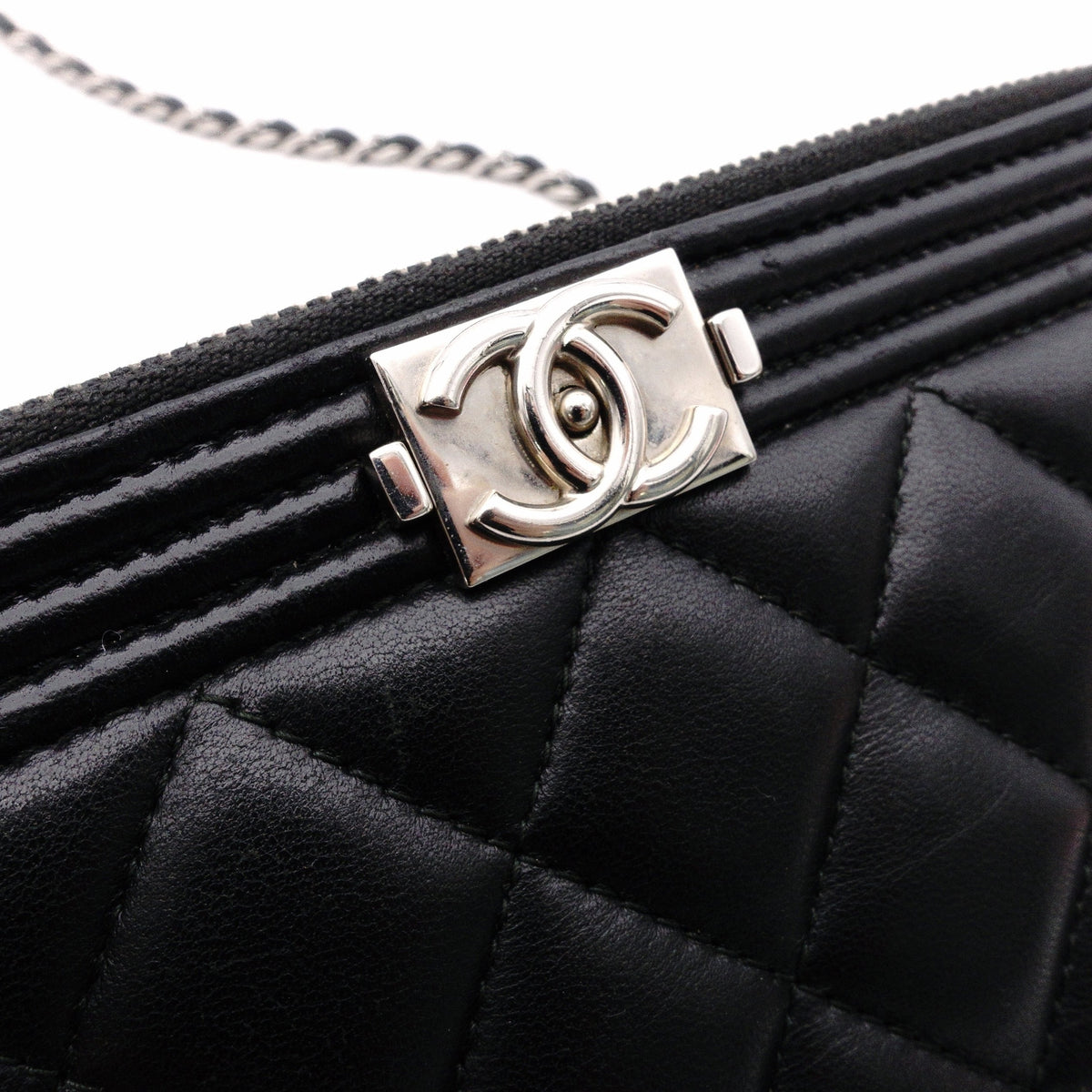 CHANEL Lambskin Boy Chanel Shoulder Bag, Leather, Black, Women's, Silver Hardware, CC Logo