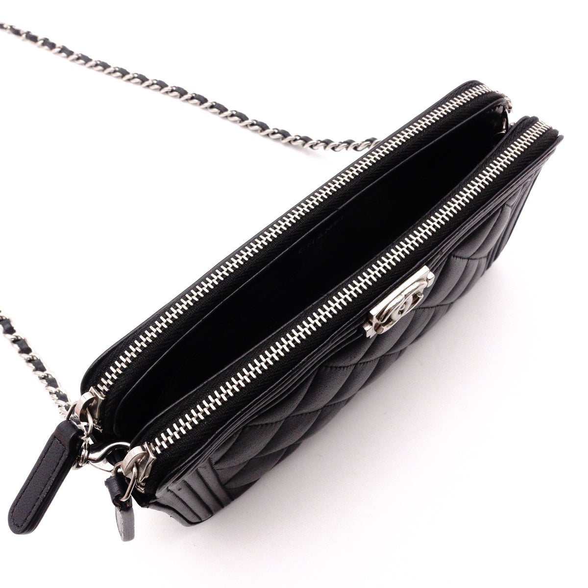CHANEL Lambskin Boy Chanel Shoulder Bag, Leather, Black, Women's, Silver Hardware, CC Logo
