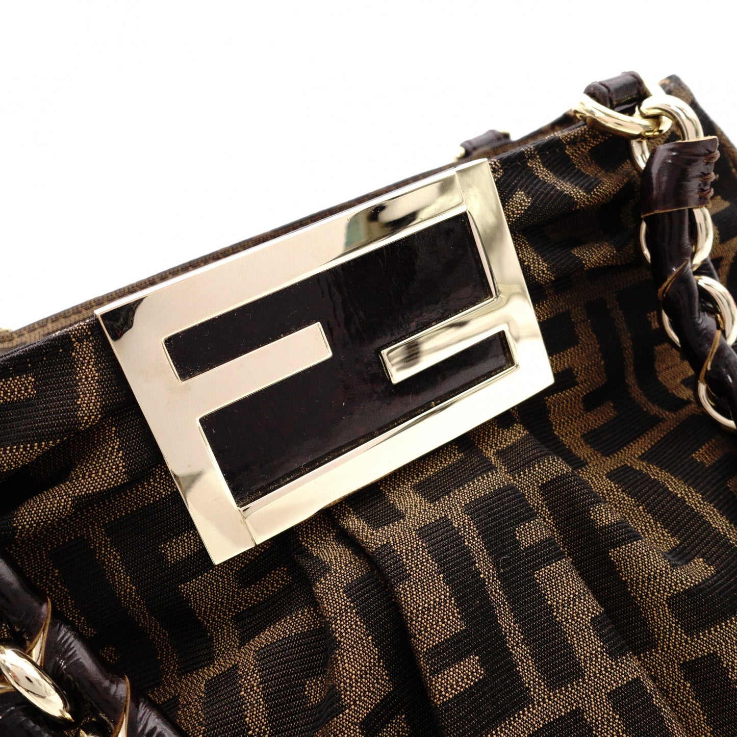 FENDI Mia Chain Bag Zucca Tote Bag, Canvas/Leather, Brown Tones, Gold Hardware
