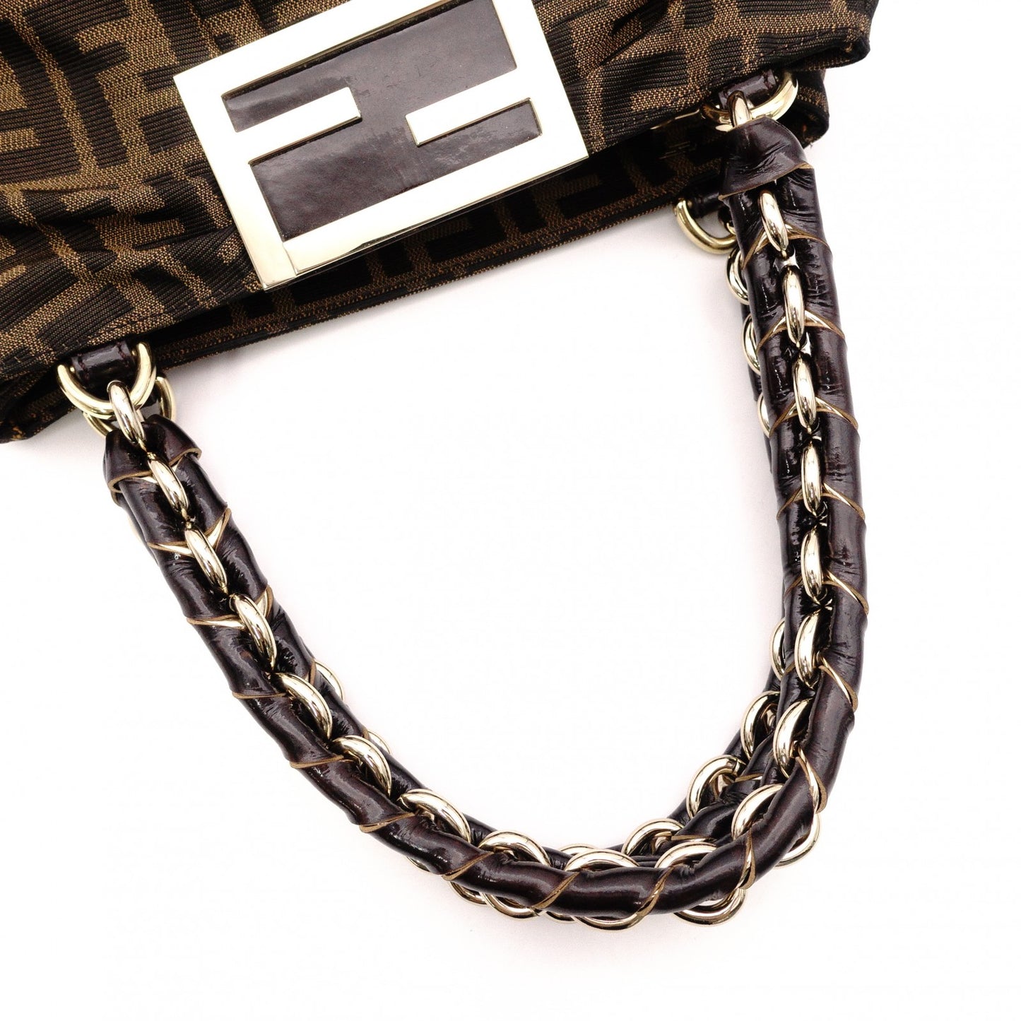 FENDI Mia Chain Bag Zucca Tote Bag, Canvas/Leather, Brown Tones, Gold Hardware