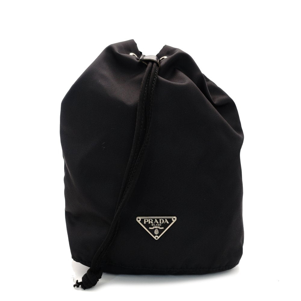 PRADA Saffiano Nylon Drawstring Pouch Black Triangle Logo Black Cosmetic Pouch Small Item Case 7-9-628