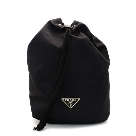 PRADA Saffiano Nylon Drawstring Pouch Black Triangle Logo Black Cosmetic Pouch Small Item Case 7-9-628