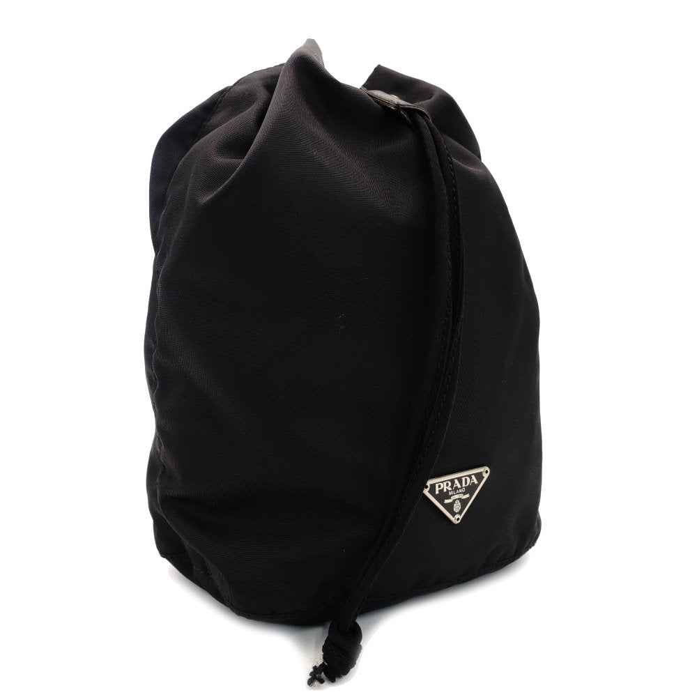 PRADA Saffiano Nylon Drawstring Pouch Black Triangle Logo Black Cosmetic Pouch Small Item Case 7-9-628