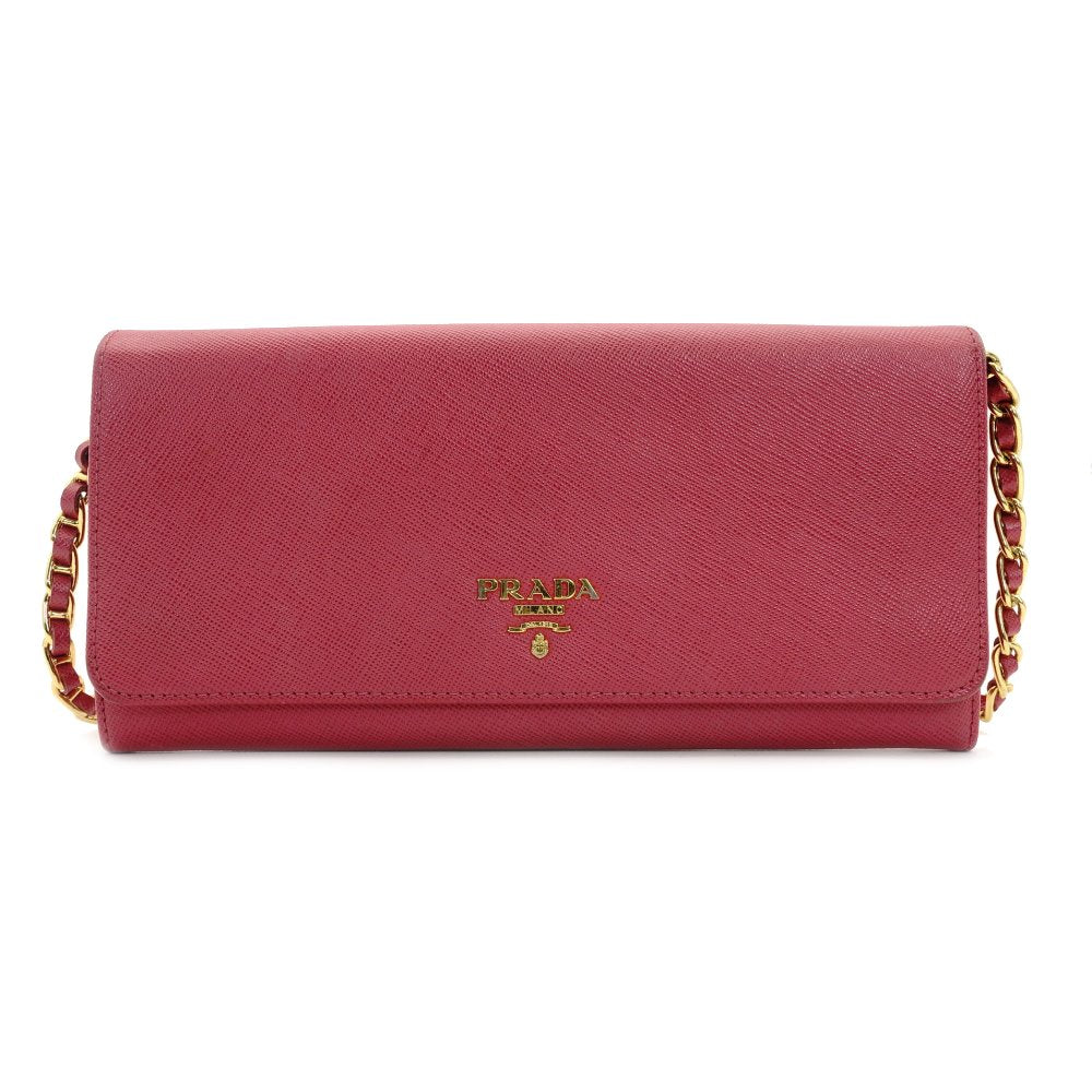 PRADA Saffiano Leather Chain Wallet Pink Gold Hardware Shoulder Bag 7-9-406