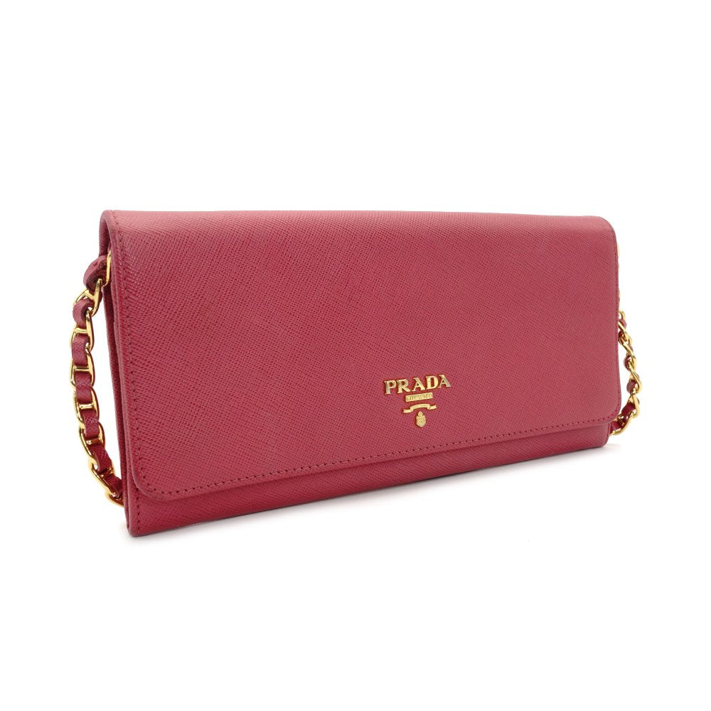 PRADA Saffiano Leather Chain Wallet Pink Gold Hardware Shoulder Bag 7-9-406