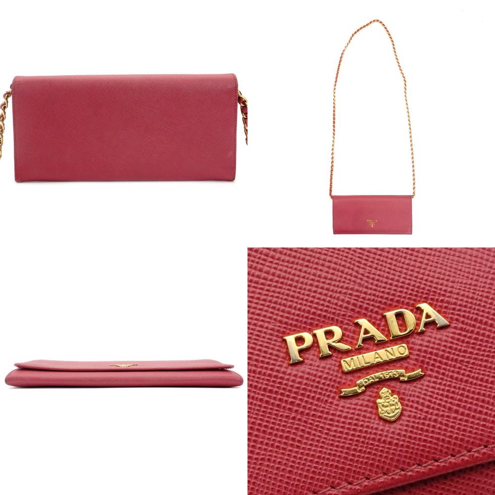 PRADA Saffiano Leather Chain Wallet Pink Gold Hardware Shoulder Bag 7-9-406