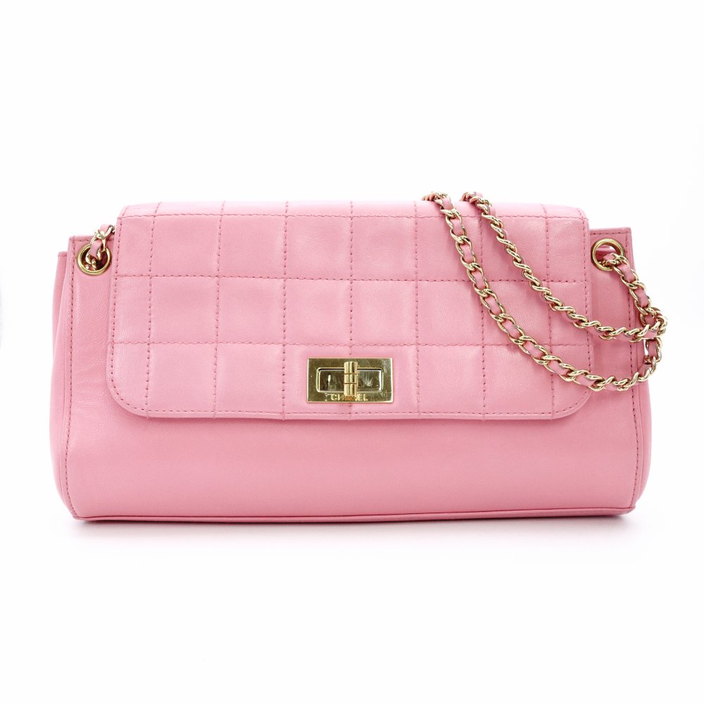 CHANEL Chocolate Bar Chain Shoulder Bag Lambskin Pink Leather Vintage Gold Hardware R801413
