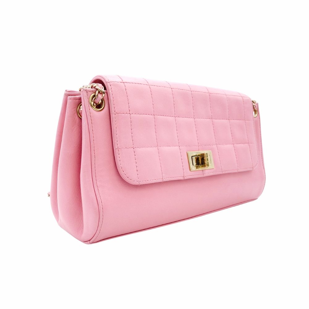 CHANEL Chocolate Bar Chain Shoulder Bag Lambskin Pink Leather Vintage Gold Hardware R801413