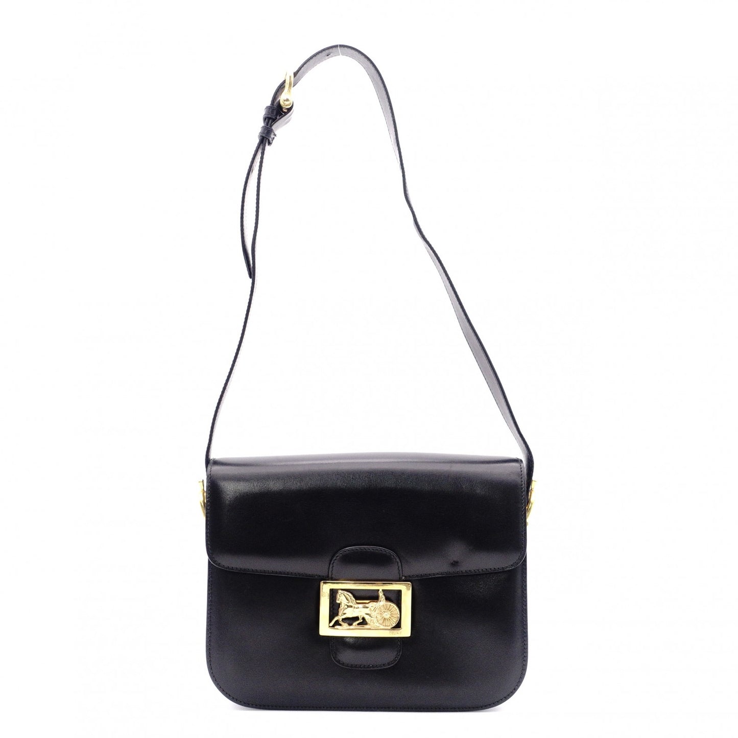 CELINE Vintage Shoulder Bag, Leather, Black with Gold Hardware
