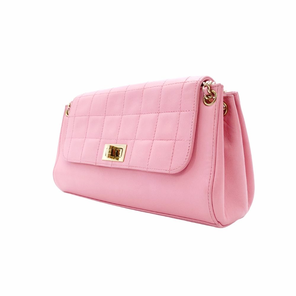 CHANEL Chocolate Bar Chain Shoulder Bag Lambskin Pink Leather Vintage Gold Hardware R801413