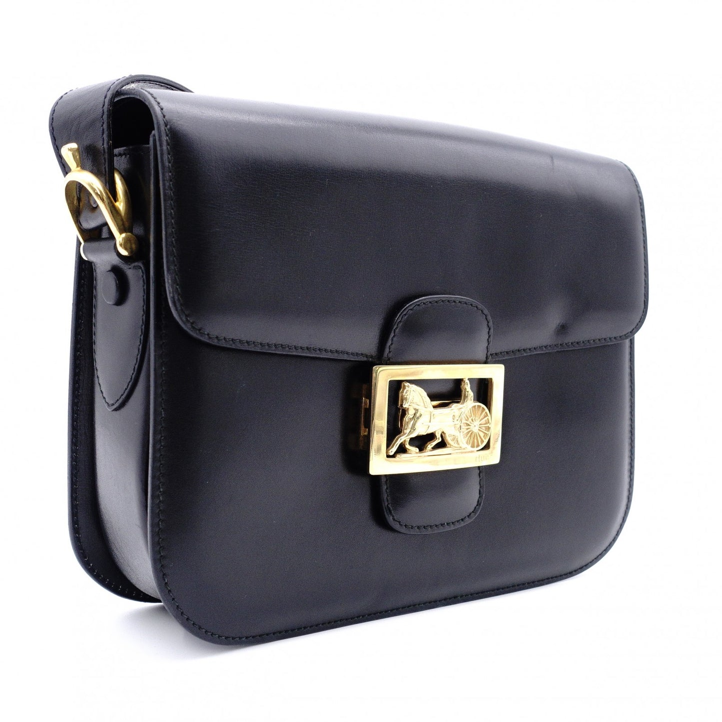CELINE Vintage Shoulder Bag, Leather, Black with Gold Hardware