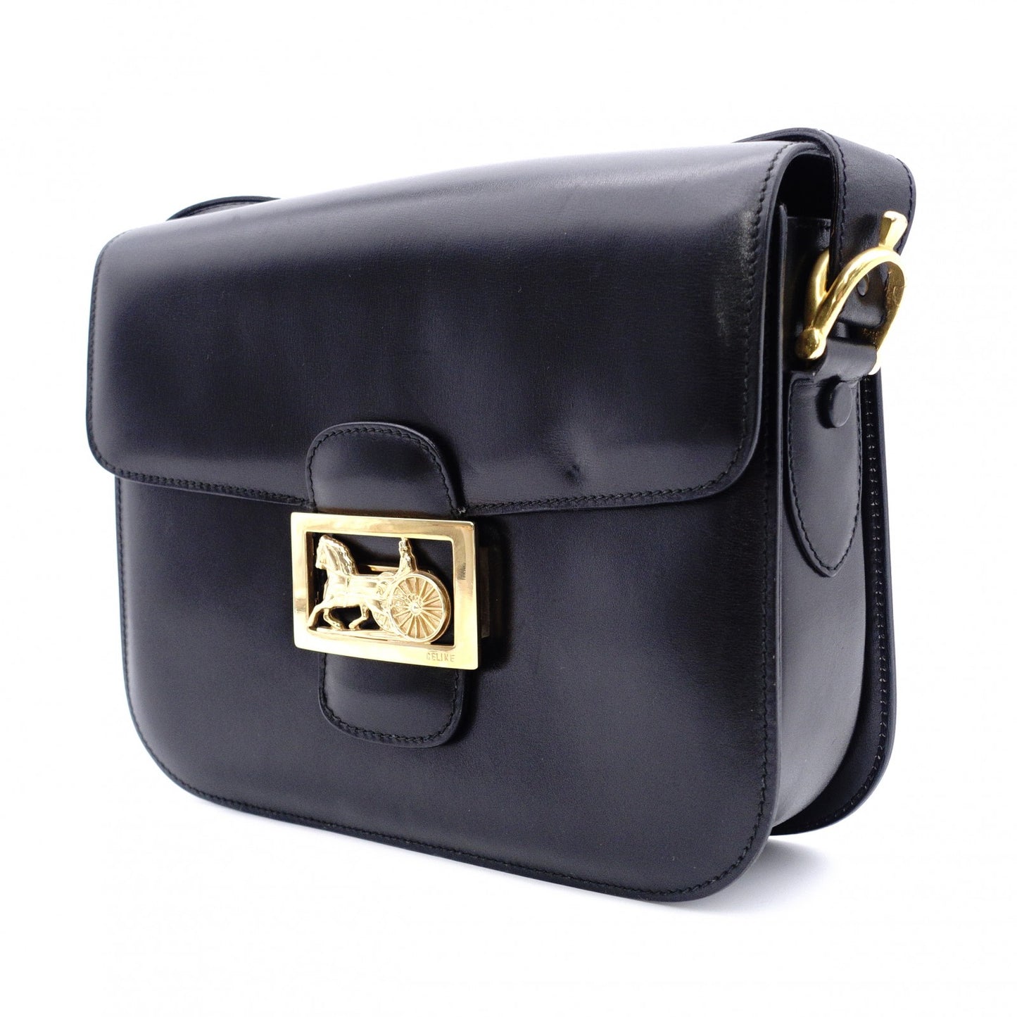 CELINE Vintage Shoulder Bag, Leather, Black with Gold Hardware