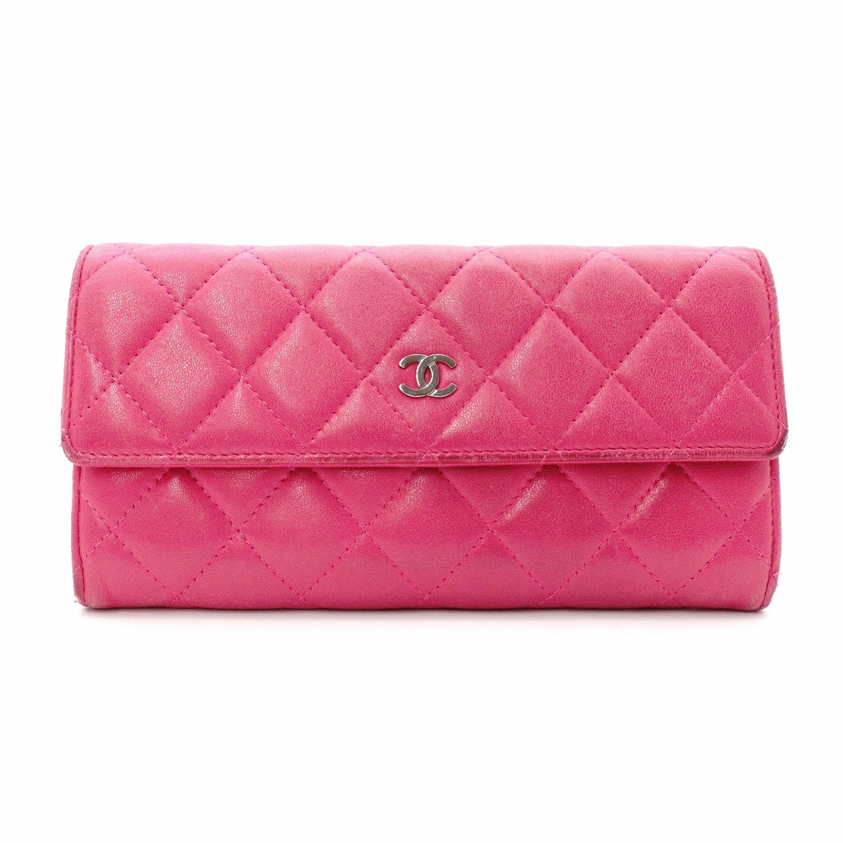 CHANEL Lambskin Flap Long Wallet, Matelassé, Leather, Pink, Women's, CC Logo