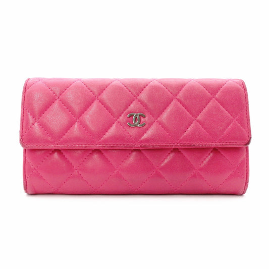 CHANEL Lambskin Flap Long Wallet, Matelassé, Leather, Pink, Women's, CC Logo