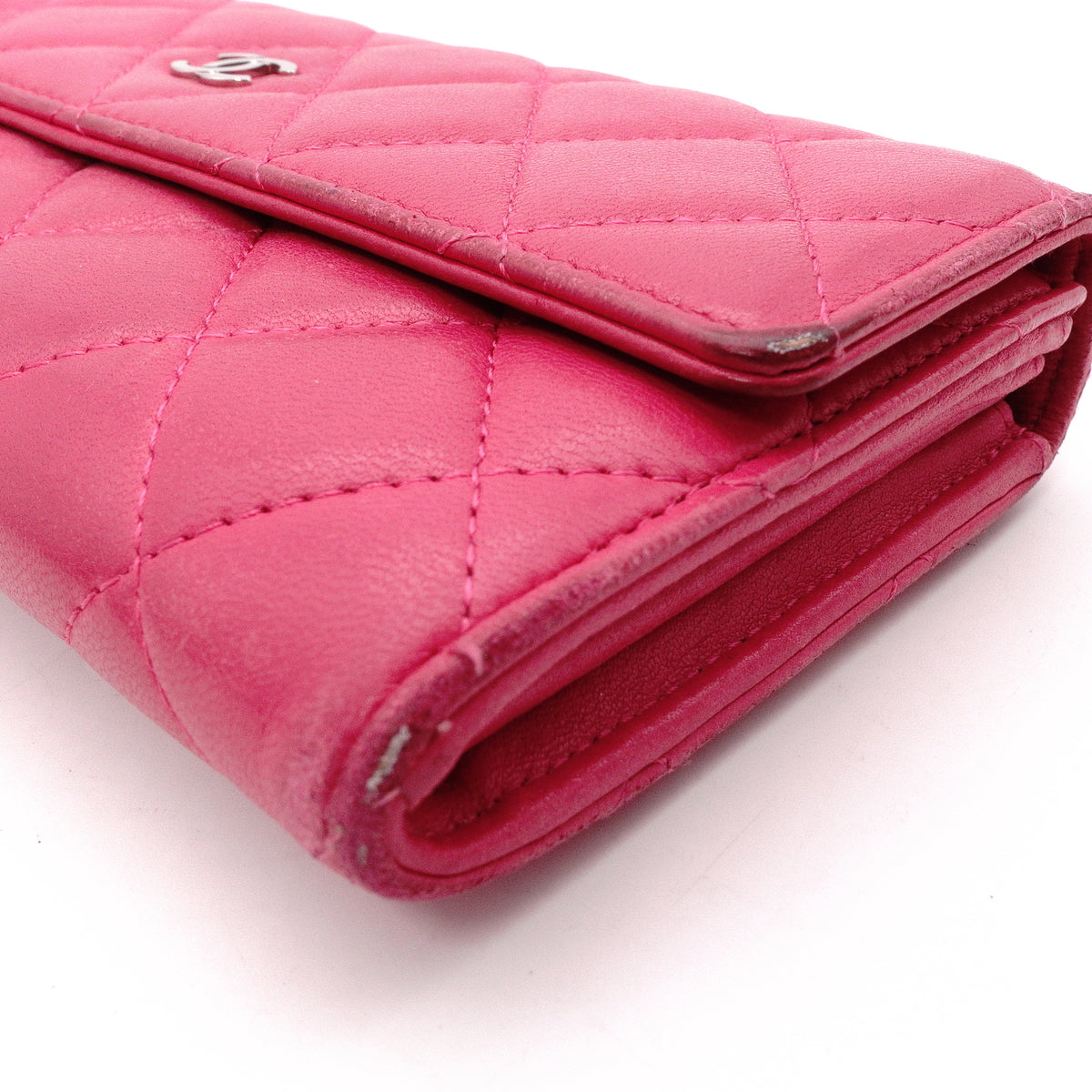 CHANEL Lambskin Flap Long Wallet, Matelassé, Leather, Pink, Women's, CC Logo
