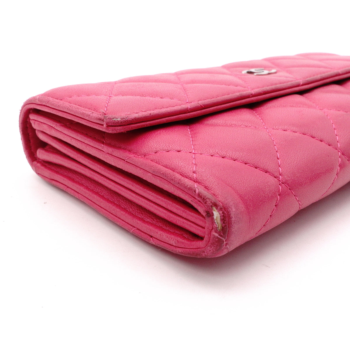CHANEL Lambskin Flap Long Wallet, Matelassé, Leather, Pink, Women's, CC Logo