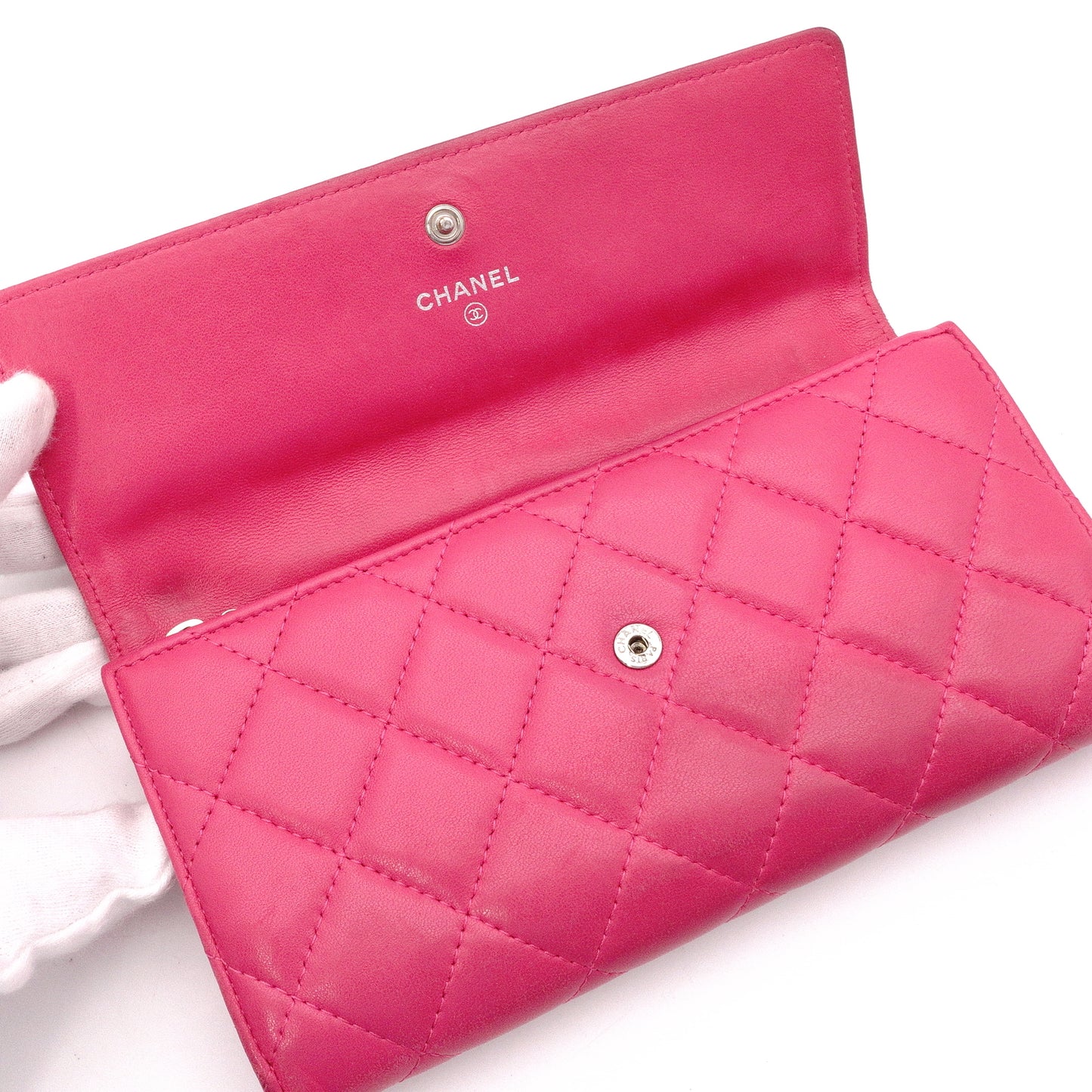 CHANEL Lambskin Flap Long Wallet, Matelassé, Leather, Pink, Women's, CC Logo