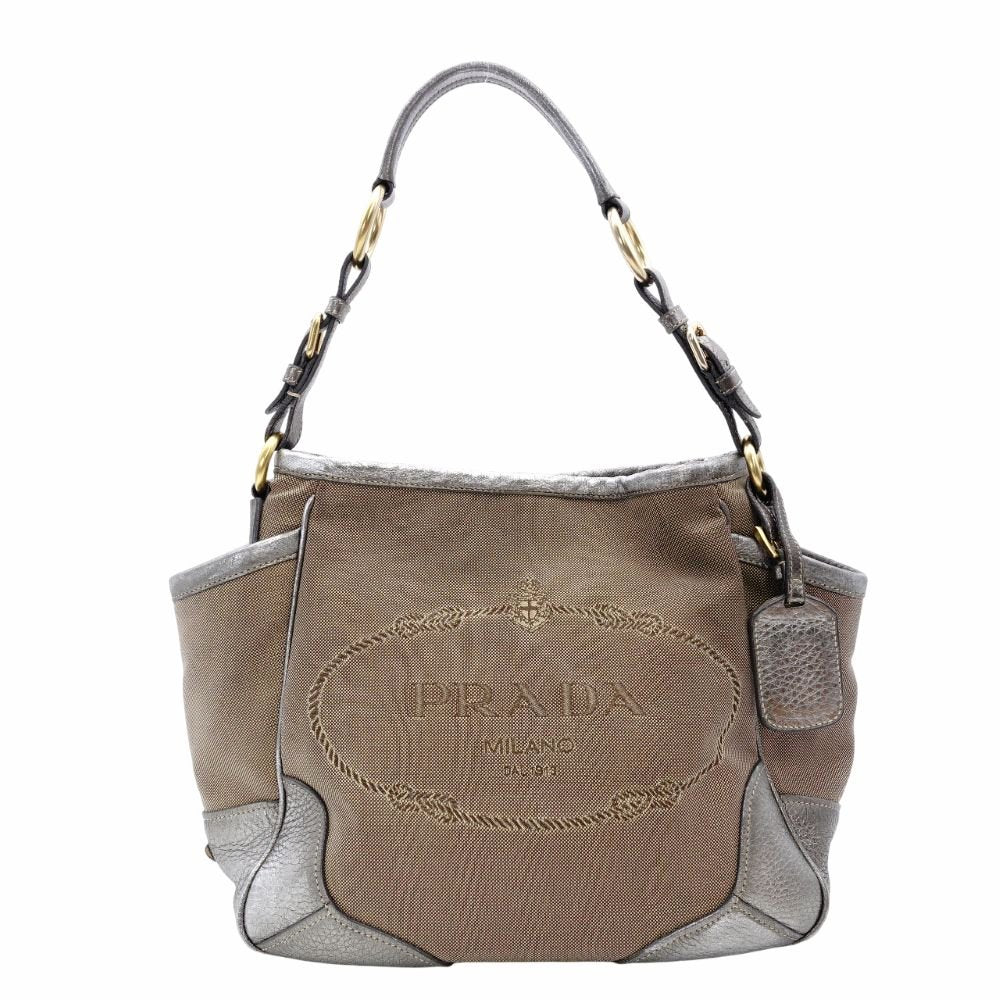 PRADA Jacquard Canvas Shoulder Bag Brown × Silver Leather Logo 7-11-774