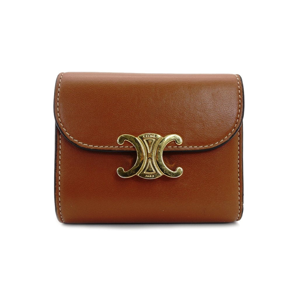 Celine Triomphe Leather Wallet Brown Tri-Fold Wallet Mini Wallet Brown Gold Hardware With Box 7-9-461