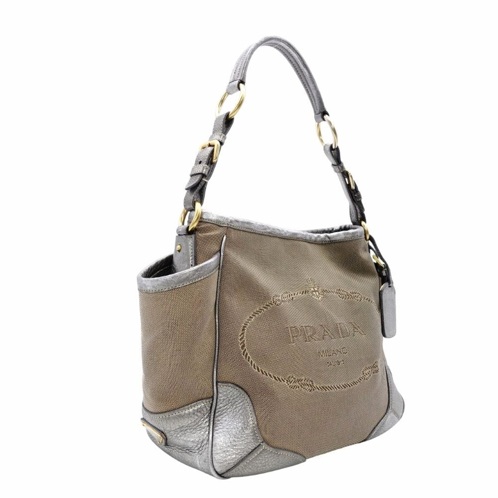 PRADA Jacquard Canvas Shoulder Bag Brown × Silver Leather Logo 7-11-774