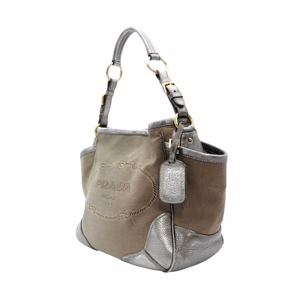 PRADA Jacquard Canvas Shoulder Bag Brown × Silver Leather Logo 7-11-774