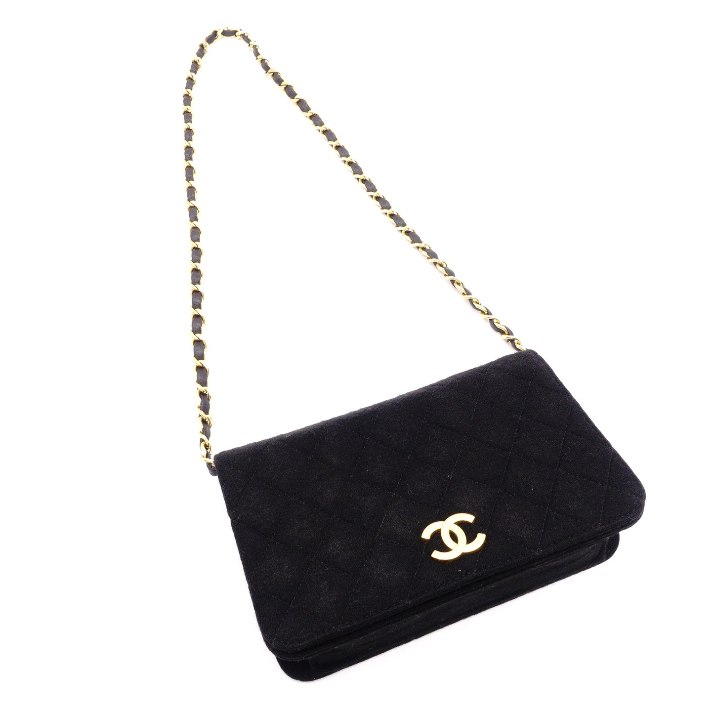 CHANEL Matelassé Shoulder Bag, Cotton, Black, Women's, Gold Hardware, Vintage CC Logo