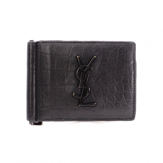 SAINT LAURENT Saint Laurent Money Clip, Embossed Crocodile, Cassandra Bifold Wallet, Leather, Black, Men's, YSL
