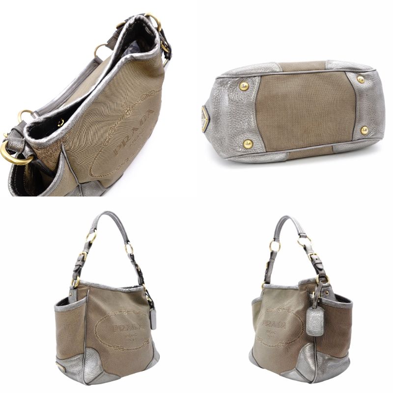 PRADA Jacquard Canvas Shoulder Bag Brown × Silver Leather Logo 7-11-774
