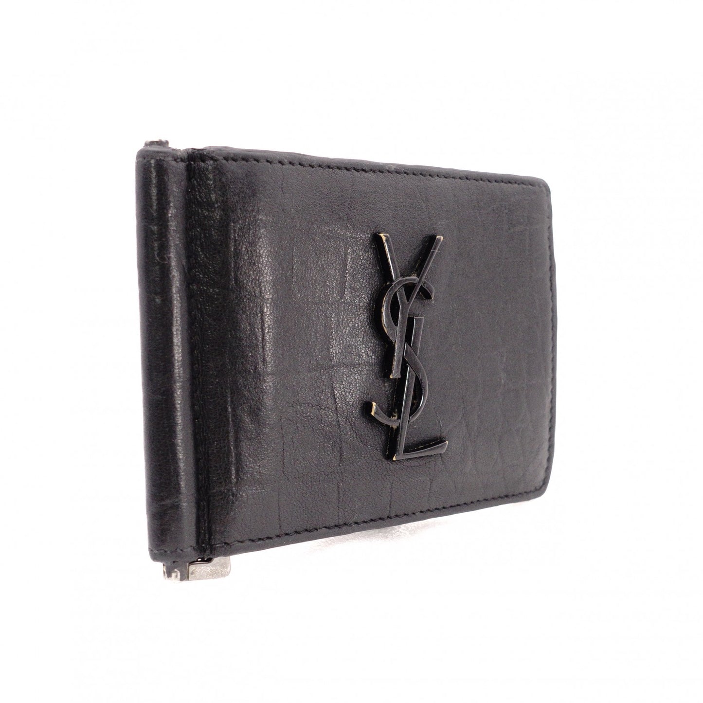 SAINT LAURENT Saint Laurent Money Clip, Embossed Crocodile, Cassandra Bifold Wallet, Leather, Black, Men's, YSL