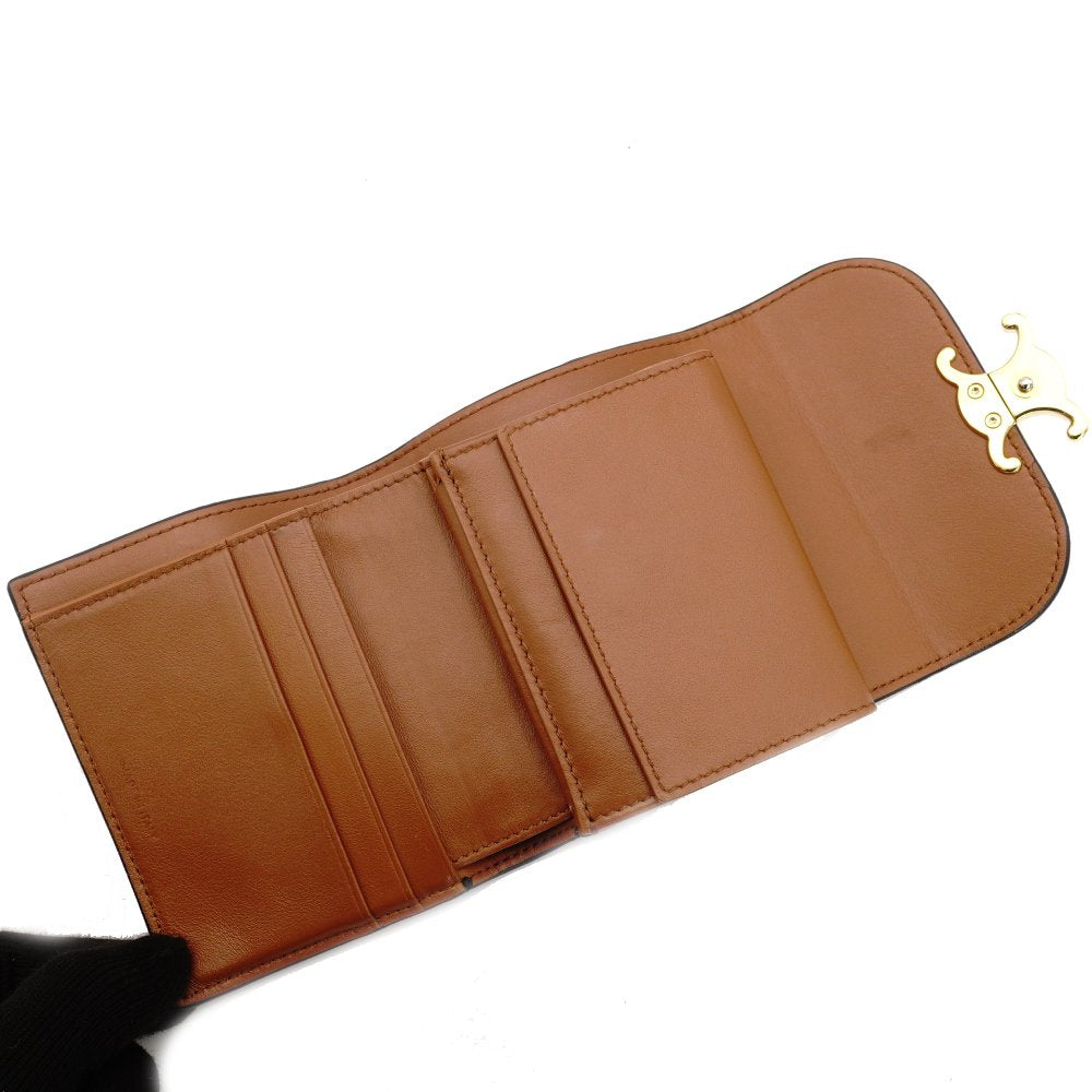 Celine Triomphe Leather Wallet Brown Tri-Fold Wallet Mini Wallet Brown Gold Hardware With Box 7-9-461