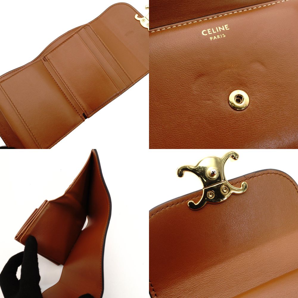 Celine Triomphe Leather Wallet Brown Tri-Fold Wallet Mini Wallet Brown Gold Hardware With Box 7-9-461