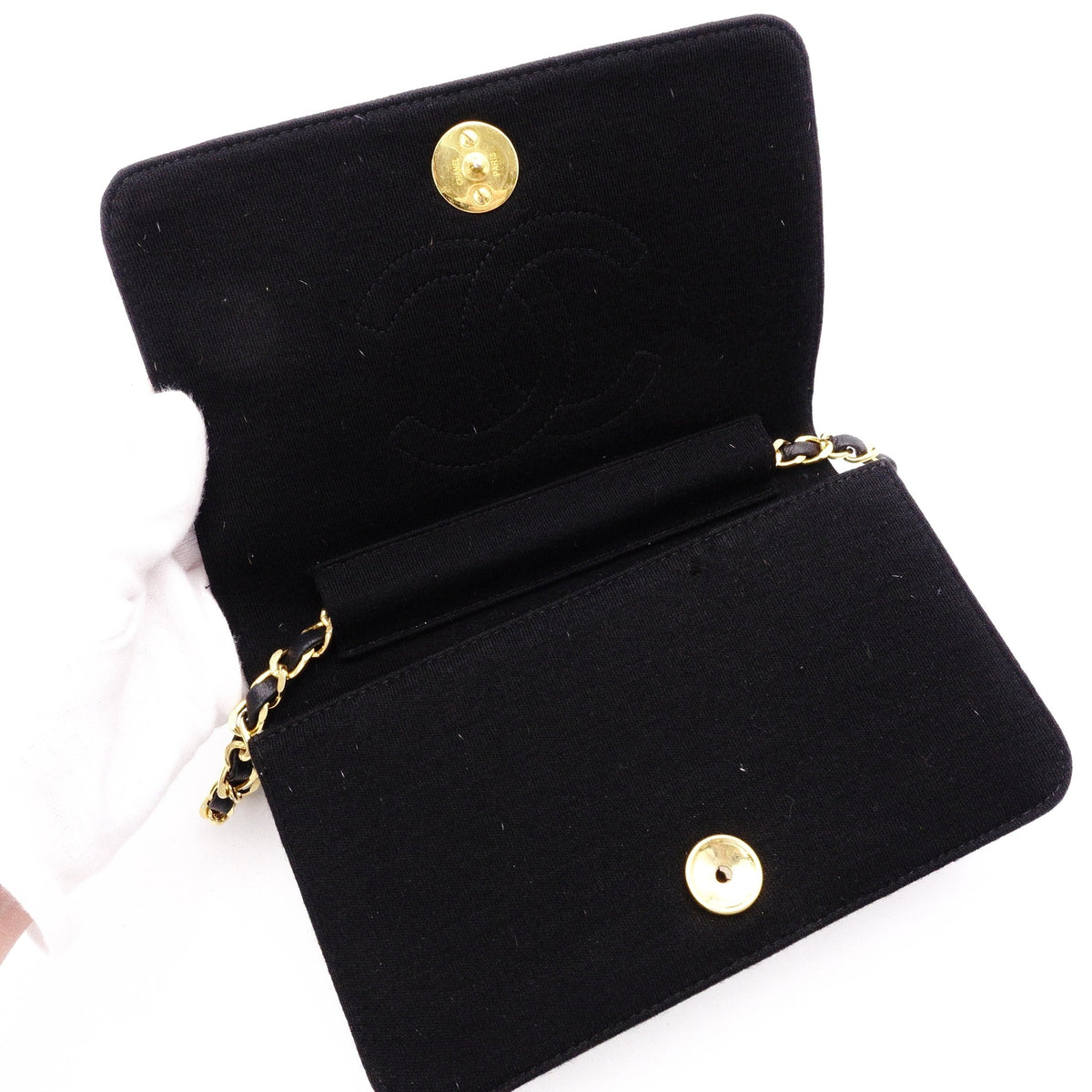 CHANEL Matelassé Shoulder Bag, Cotton, Black, Women's, Gold Hardware, Vintage CC Logo