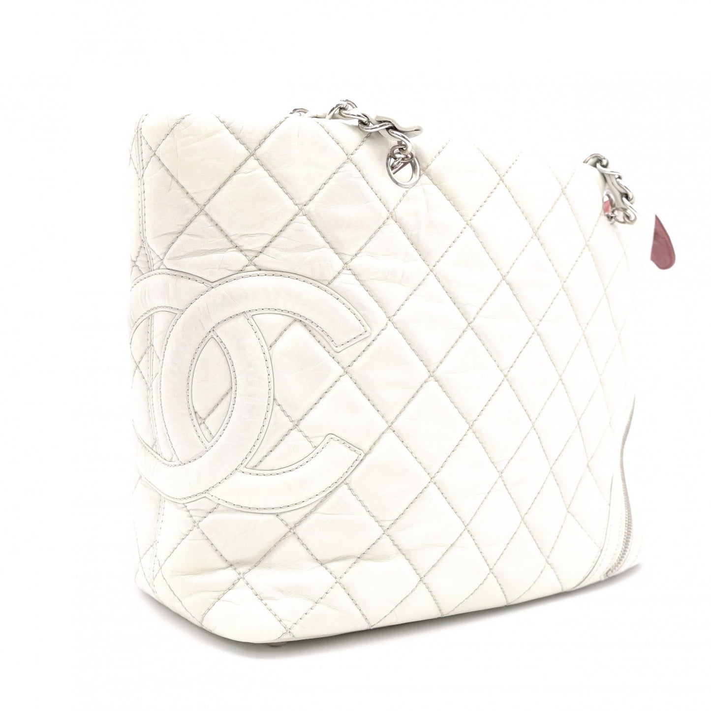 CHANEL Caviar Skin Cambon Line Shoulder Bag, Leather, White, Silver Hardware