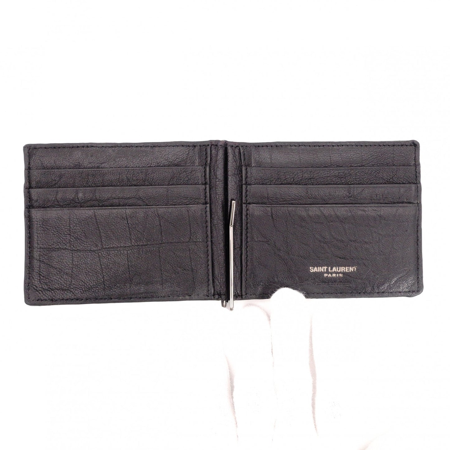 SAINT LAURENT Saint Laurent Money Clip, Embossed Crocodile, Cassandra Bifold Wallet, Leather, Black, Men's, YSL