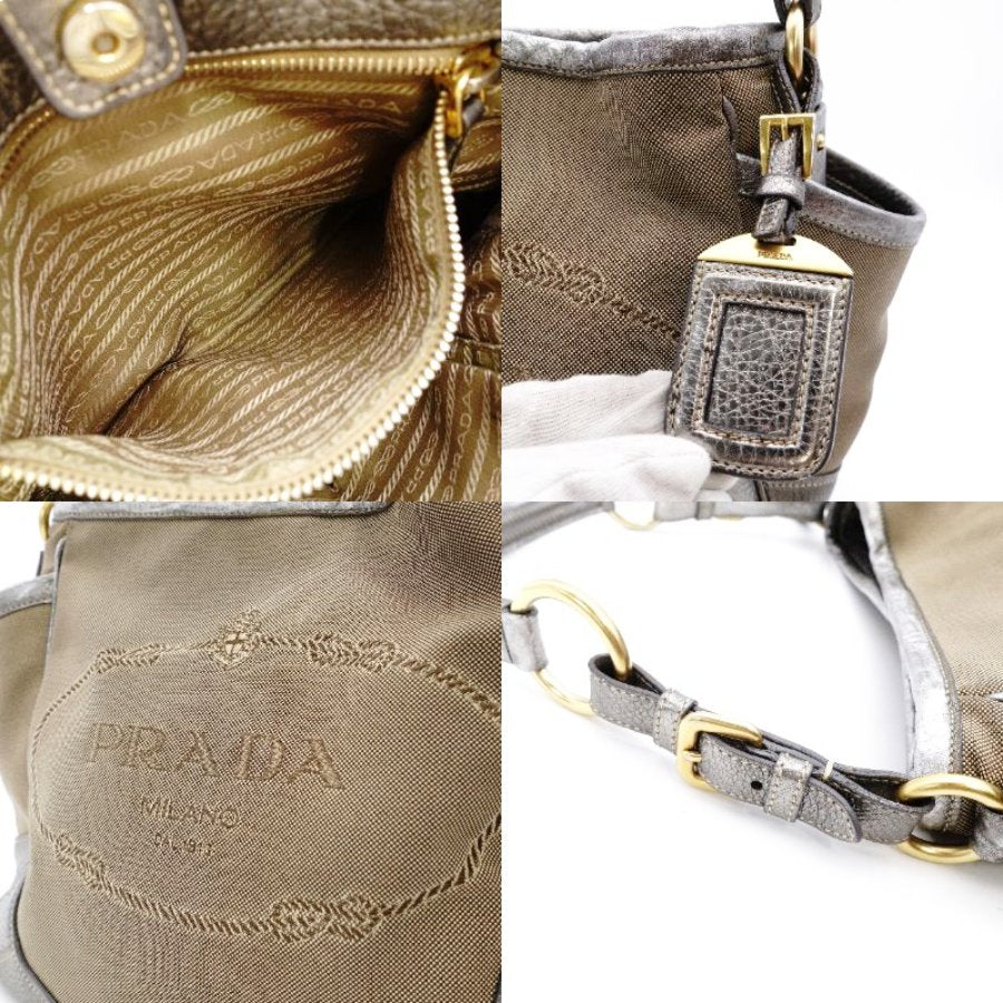 PRADA Jacquard Canvas Shoulder Bag Brown × Silver Leather Logo 7-11-774