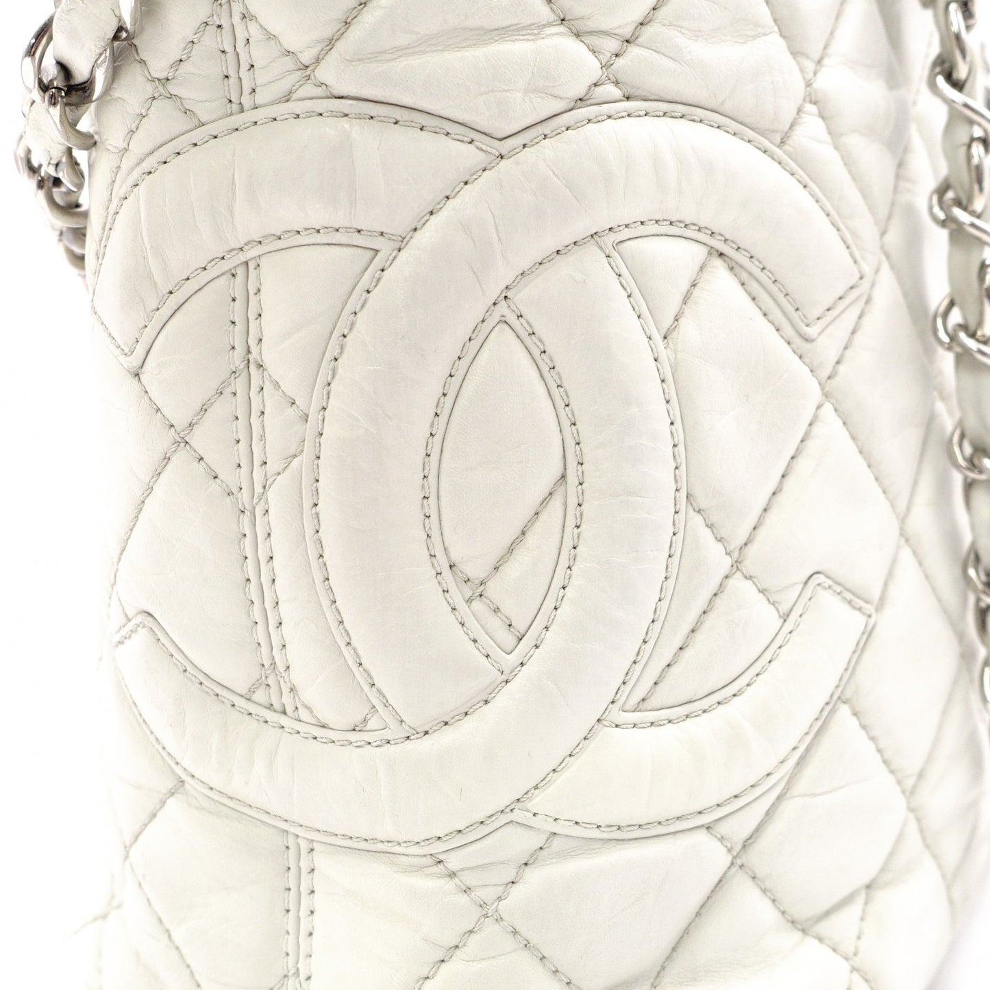 CHANEL Caviar Skin Cambon Line Shoulder Bag, Leather, White, Silver Hardware