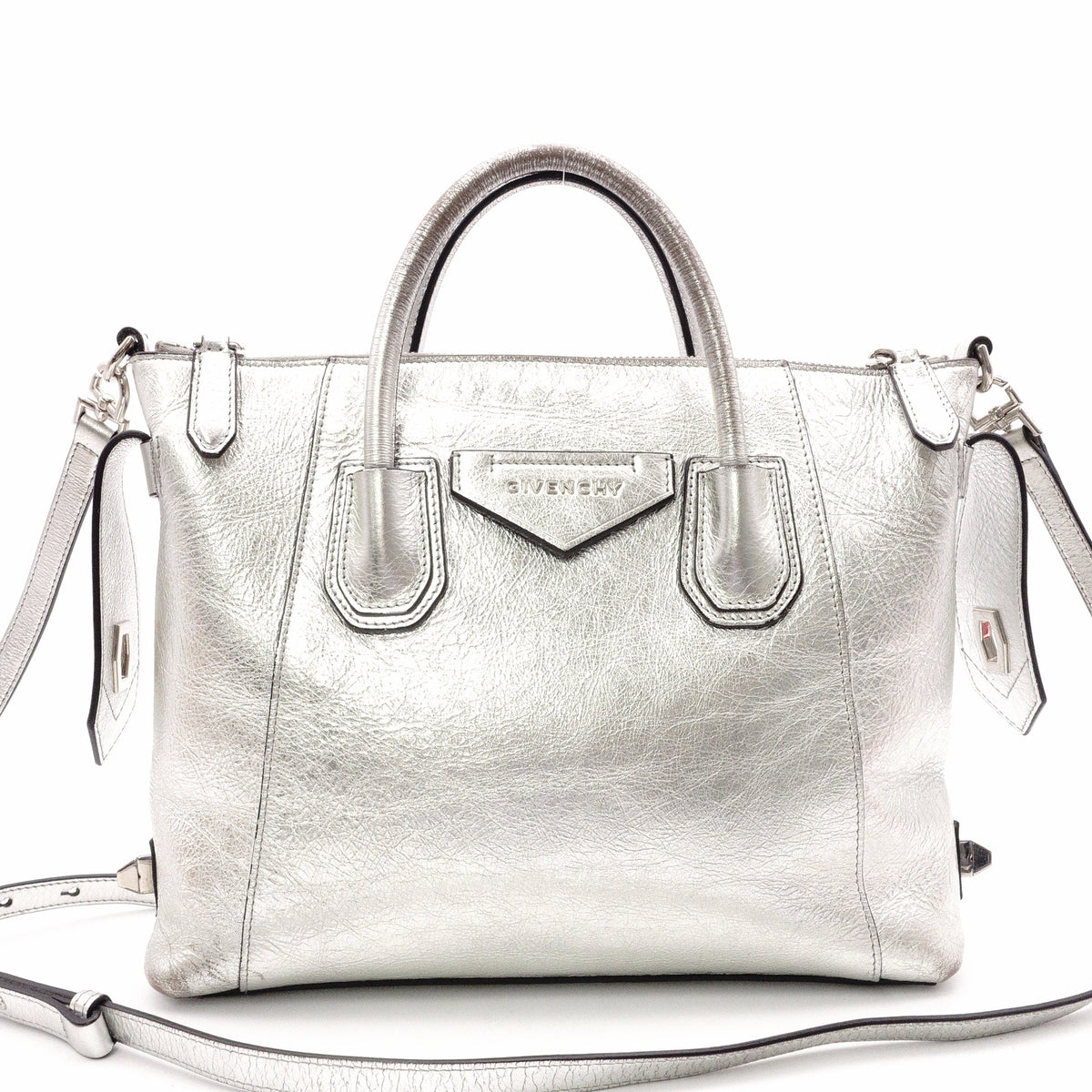GIVENCHY Antigona Handbag, Leather, Silver, Women's, 2-Way Crossbody, Silver Hardware