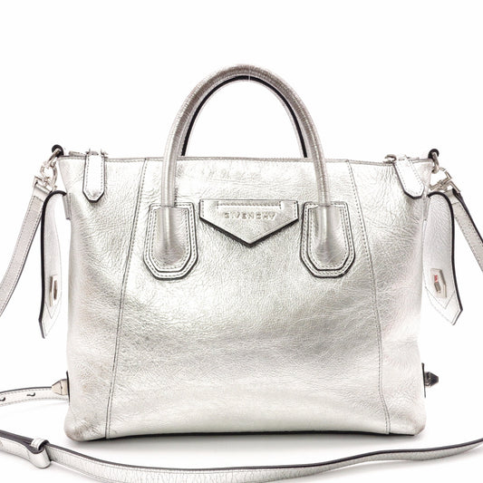 GIVENCHY Antigona Handbag, Leather, Silver, Women's, 2-Way Crossbody, Silver Hardware