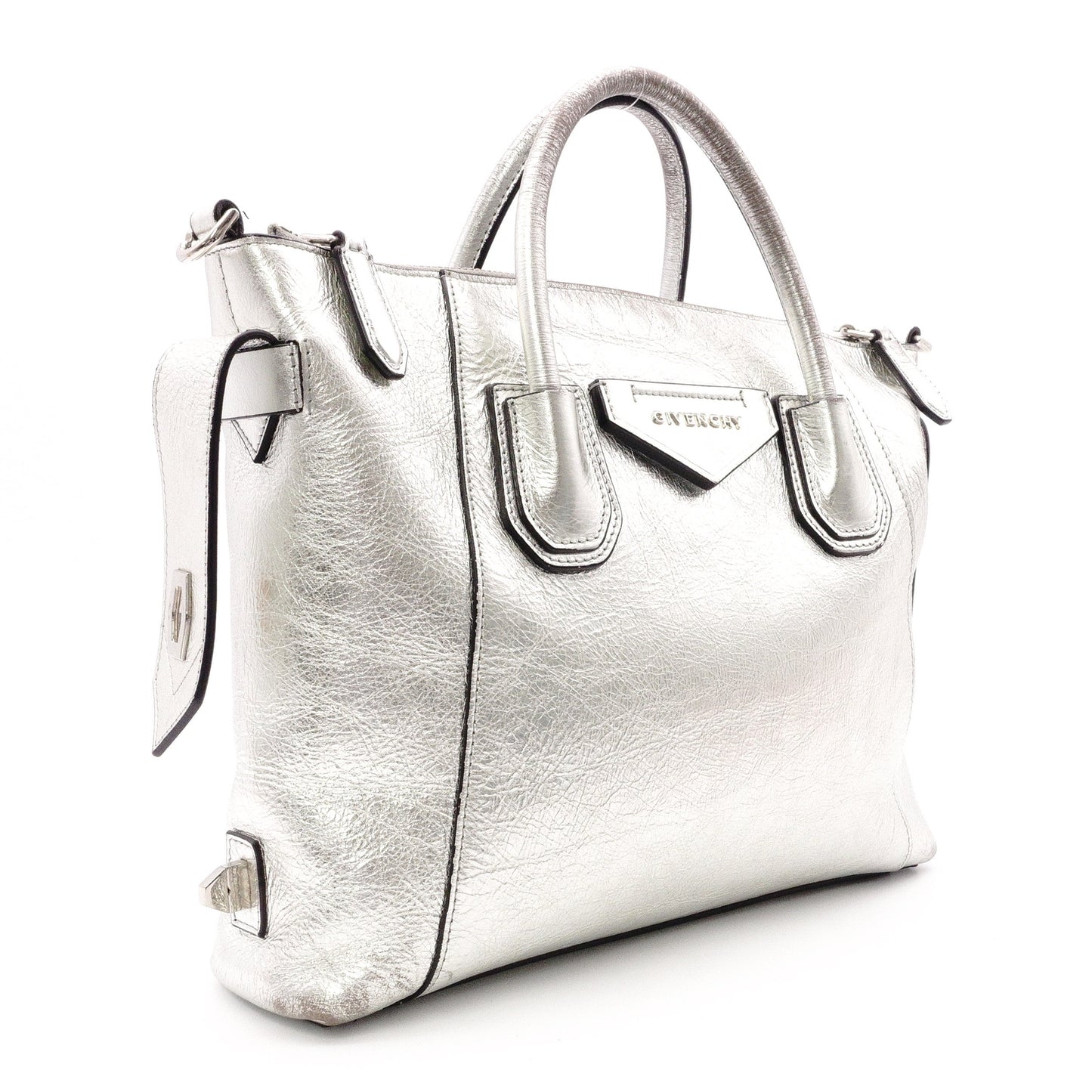 GIVENCHY Antigona Handbag, Leather, Silver, Women's, 2-Way Crossbody, Silver Hardware