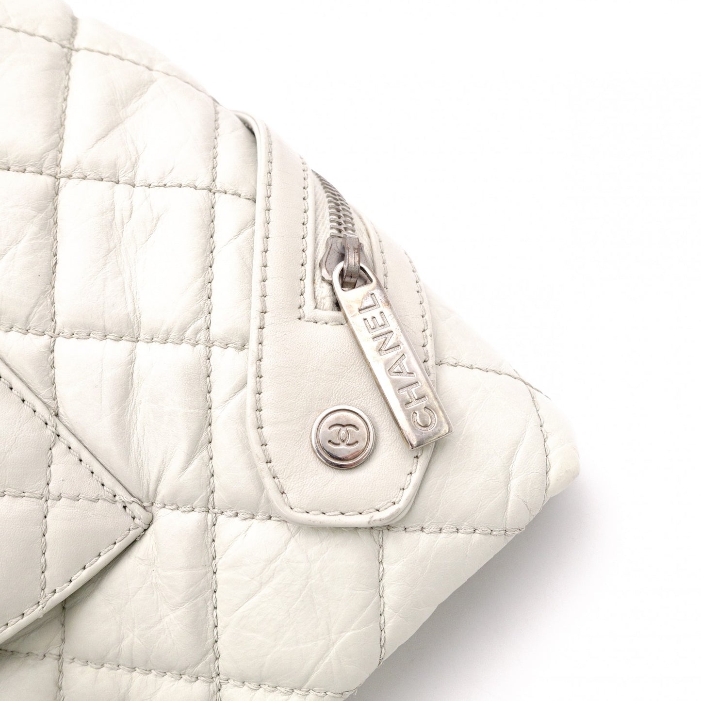 CHANEL Caviar Skin Cambon Line Shoulder Bag, Leather, White, Silver Hardware