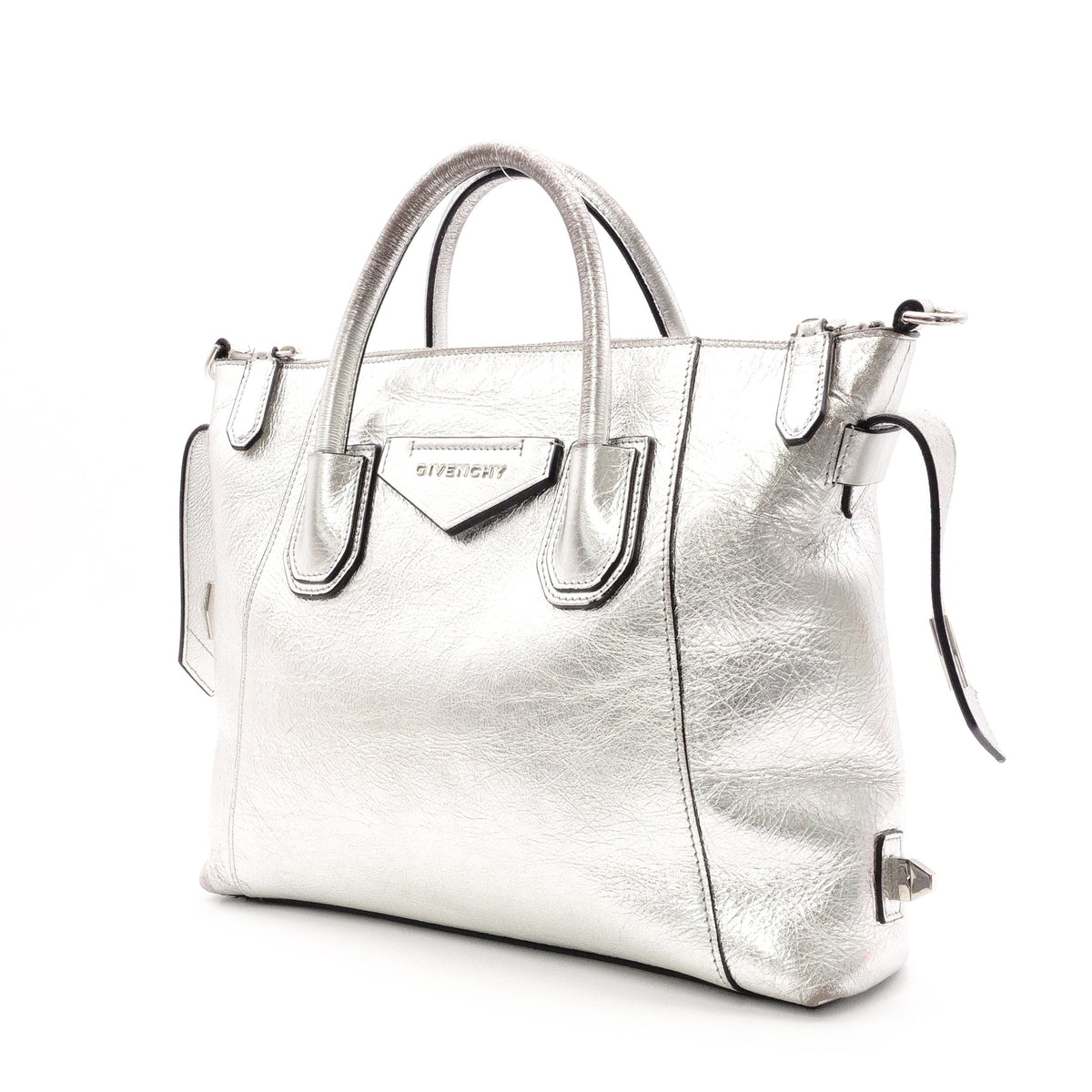 GIVENCHY Antigona Handbag, Leather, Silver, Women's, 2-Way Crossbody, Silver Hardware